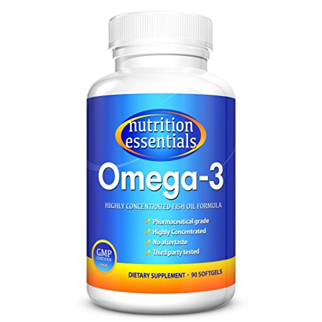 Nutrition Essentials Omega-3 Fish Oil Supplement | Best for Healthy Heart & Brain | Highly Concentrated Pharmaceutical Grade EPA & DHA | No Aftertaste | GMP Certified | Made in USA | 90 Softgels