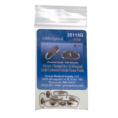 GMS Optical® Premium Grade PVC, 15MM D-Shaped Screw-on Nose Pads (silver or gold) (4 pair, Gold 15MM - D Shaped)