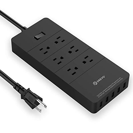 DREVO Surge Protector Power Strip with 6-Outlet, Switch Control, 5 USB Charger Port, Desktop Charging Station, 5Ft Cable (Black)