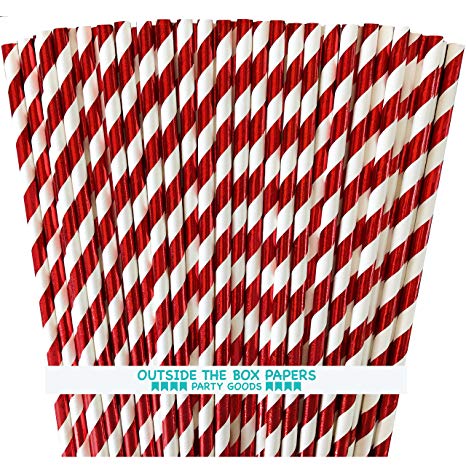 Foil Red Stripe Paper Straws - 7.75 Inches - 100 Pack - Outside the Box Papers Brand