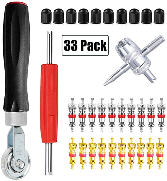 ZHSMS Tire Patch Roller Tool Set with 20Pcs Valve Cores 10Pcs Tire Valve Caps 4-Way Valve Tool Dual Head Valve Core Remover Tire Repair Tool