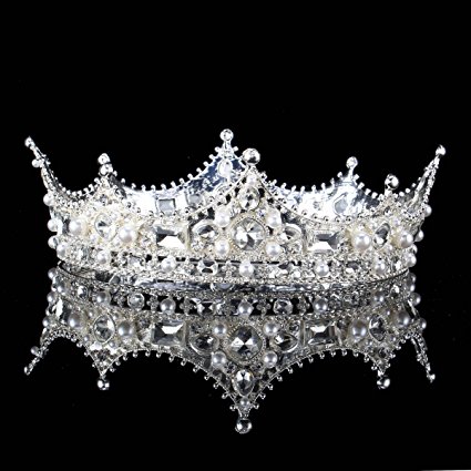 FUMUD Baroque Vintage Black Rhinestone Beads Round Big Crown Wedding Hair Accessories Luxury Crystal Queen King Crowns Bridal Tiaras (Sliver)