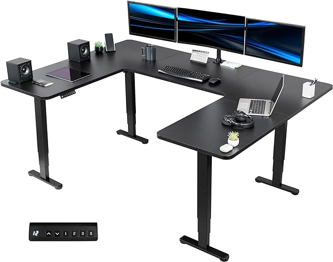 VIVO U-Shaped Electric 83 x 60 inch Memory Stand Up Desk, Height Adjustable Large Corner Standing Workstation, Black Table Top, Black Frame, DESK-E4UBB