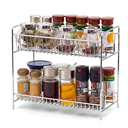 2-Tier Spice Rack EZOWare Kitchen Countertop 2-Tier Storage Organizer Spice Jars Bottle Shelf Holder Rack - Chrome