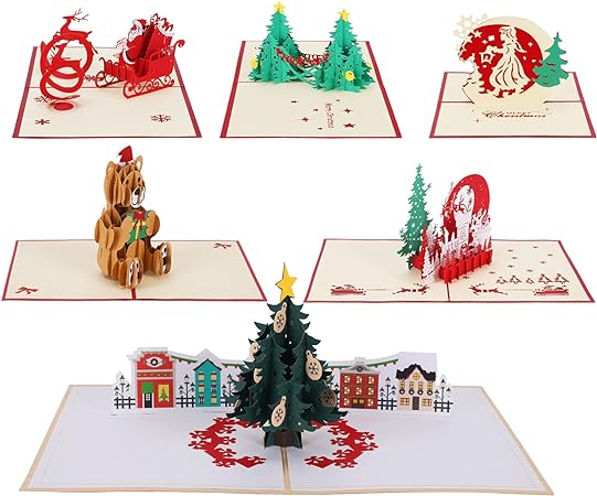 MoKo 3D Christmas Greeting Cards, 6 Pack Pop Up Christmas Thank You Card with Envelope for Kids, Mom and Dad Feature Christmas Tree, Santa Claus, Reindeer Popup Card Gift for Xmas, Multicolor