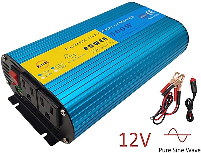500Watt Pure Sine Wave Power Inverter DC 12V to AC 110V Car Adapter Power Converter with 2 AC Outlets USB Charging Port Car Charger for Solar RV Car Off Grid