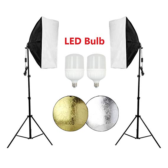 Photography Continuous Softbox Lighting Kit 20 x 28 inch Soft Box with 2 pcs LED Softbox Light Bulb for Professional Photo Studio Equipment Video Portrait Lighting with 2 in 1 Reflector