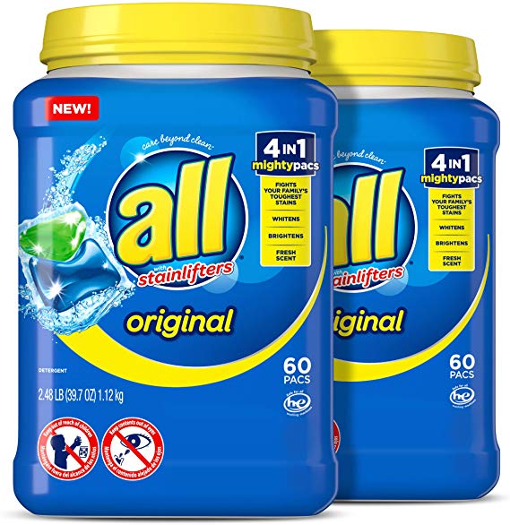all Mighty Pacs Laundry Detergent, 4 in 1 Stainlifter, Tub, 60 Count, Pack of 2, 120 Total Loads