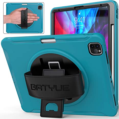 iPad Pro 12.9 Case 2020 & 2018, BATYUE [Supports Apple Pencil 2 Wireless Charging] [Shock Proof] Rugged Case w/360° Rotating Stand/Hand Strap for iPad Pro 12.9 2020 4th Gen/ 2018 3rd Gen (Light Blue)