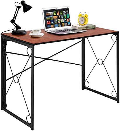 VECELO Writing Computer Folding Desk/Sturdy Steel Laptop Table for Home Office Work (Teak Brown)