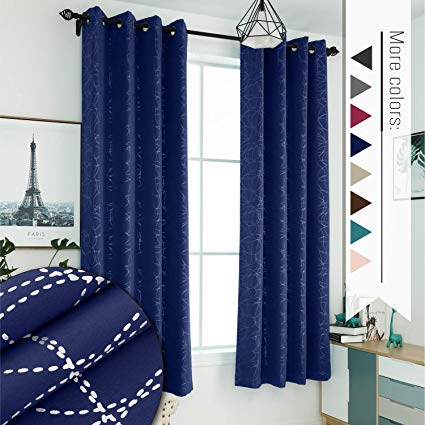 Sophia & William 52" W x 84" L Blackout Curtains with Grommets Thermal Insulated, Hot Stamping (Silver) Stitched Swirl Pattern - 2 Panels, Navy