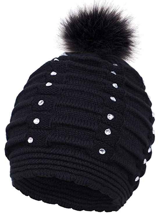 ARCTIC Paw Horizontal Cable Knit Beanie with Sequins and Faux Fur Pompom