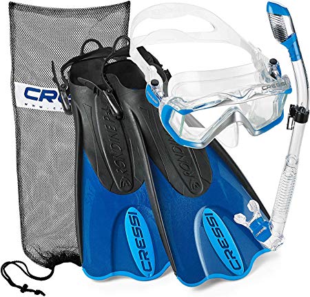 Cressi Italian Boutique Collection - Palau Short Self Adjust Fin - Liberty Triside Pano Tempered Glass Lens Mask - Purge Dry Snorkel - Mask Fin Snorkel Set