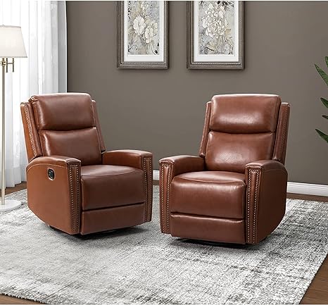 HULALA HOME Genuine Leather Swivel Rocker Recliners Set of 2, Manual Glider Recliner Chairs with Adjustable Backrest & Footrest, Modern Home Theater Sofa Armchairs for Living Room Bedroom, Brown