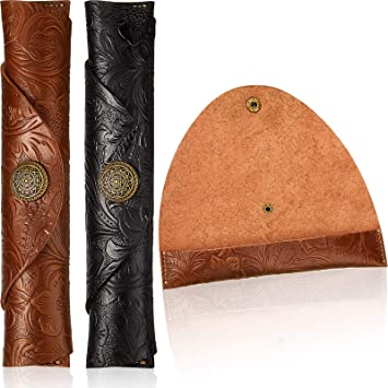 2 Pieces Vintage Handmade Leather Pen Case Carved Roll Leather Pen Holder Roll Wrap Pen Pouch for School Home Office, Brown and Black