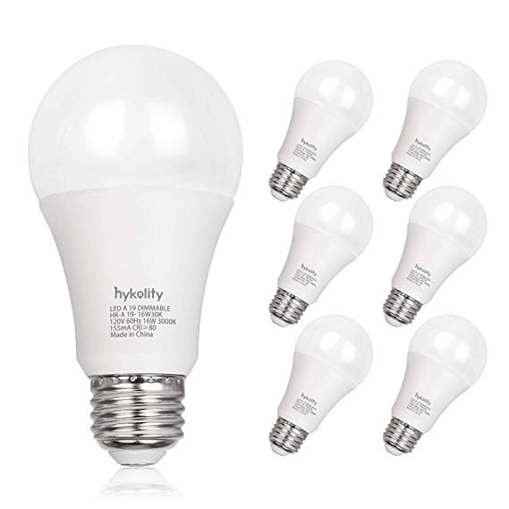 Hykolity 100W Equivalent A19 LED Light Bulb, 16W, 3000K Warm White, 1600LM, E26 Medium Base, Dimmable, Energy Star and UL Listed (6 Pack)
