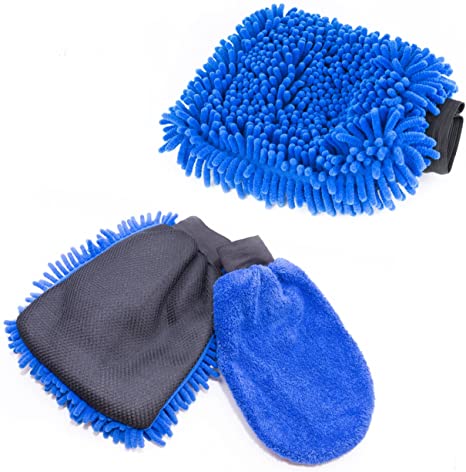 Car Wash Mitt and Duster (2 Blue Mitts). Classic Car Accessories Gift Set. Dual Sided Microfiber Washing Glove with Non Scratch Scrubber Sponge on the Other Side. Bonus Dust and Dry Mitt Included