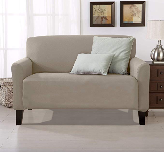 Home Fashion Designs Solid Twill Love Seat Slipcover. One Piece Stretch Loveseat Cover. Strapless Love Seat Cover for Living Room. Brenna Collection Slipcover.  (Love Seat, Beige - Solid)