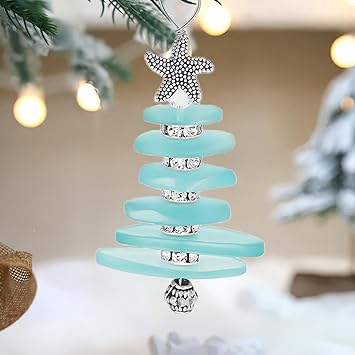 Sea Glass Christmas Tree Ornaments, Sea Glass Christmas Ornament, Sea Crystal Glass Decor Crafts, Ocean Christmas Tree Hanging Crystals for Decoration, Blue