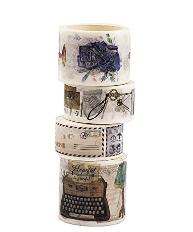 Navy Peony Vintage Travel Washi Tape Set | Retro Holiday Themed Japanese Decorative Tapes | Cute Art Scrapbook Sticker Tape for Crafts, Planners and Journals | Wide Washi Tape Rolls for Kids