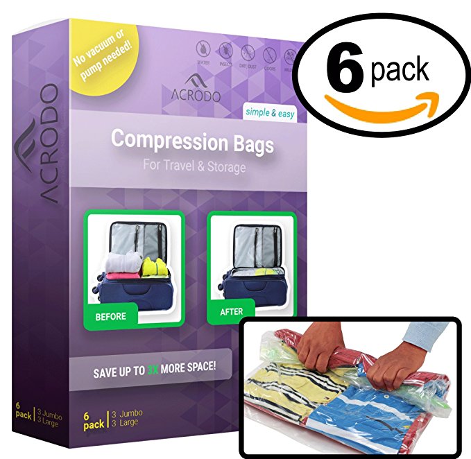 New Acrodo Space Saver Compression Bags 3 & 6 Pack for Packing and Storage - No Vacuum Rolling Ziplock for Clothing, Travel, Organizing, Luggage, and Suitcase