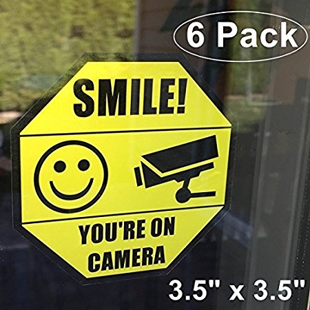 Front Self Adhesive Vinyl Outdoor/Indoor (6 Pack) 3.5" X 3.5" Home Business SMILE YOU'RE ON CAMERA Yellow Window Door Warning Security Alert Sticker Decals