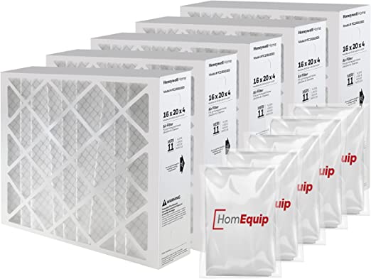 Honeywell 16x20x4 AC Furnace Air Filter Replacement - FC100A1003 HVAC Furnace Filters Merv 11 Filter Media, AC Filter with Homequip Disposal Bag (5 Pack)