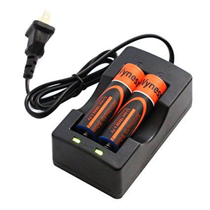 Wyness Rechargeable 3.7V 18650 Lithium Ion Battery and Charger Convenient and safe for High-power LED Flashlights, Headlamps And More Binary Channels(A Set of 2 x Batteries and 1 x Charger)