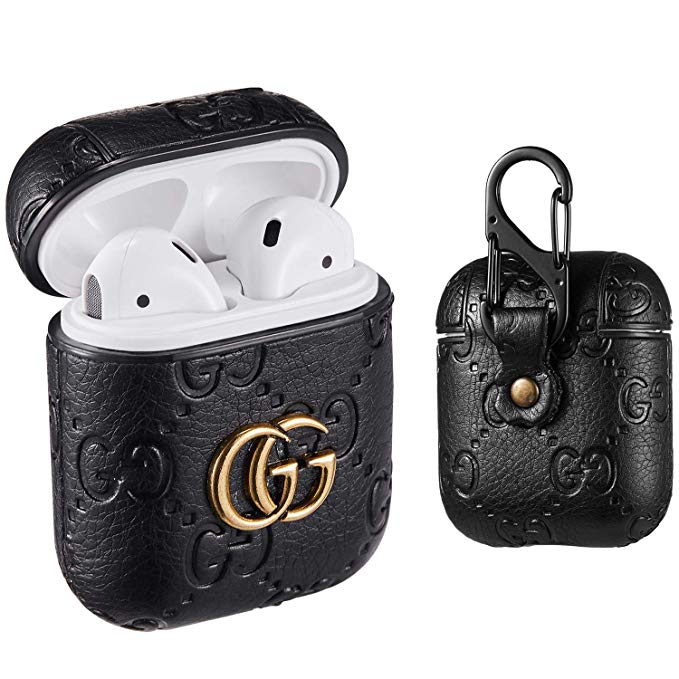 Sunnee for Airpods 1&2 Case,Luxury Leather Shockproof Airpod Cover Carabiner Headphone Designer Fashion Fun Cool Keychain Design Skin Protective Cases Ring for Girls Man Woman Air pods(Black G)