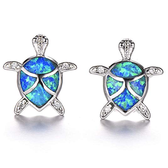 Health and Longevity Sea Turtle Birthstone Jewelry Sterling Silver Created Blue Opal Sea Turtle Earring Rings Pendant Necklace Length 18-20 inch