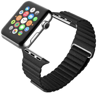 Mr.Pro 38 mm Premium Soft Leather Loop Band Magnet Lock Strap Replacement Band for Apple Watch, All Models No Buckle Needed - Black