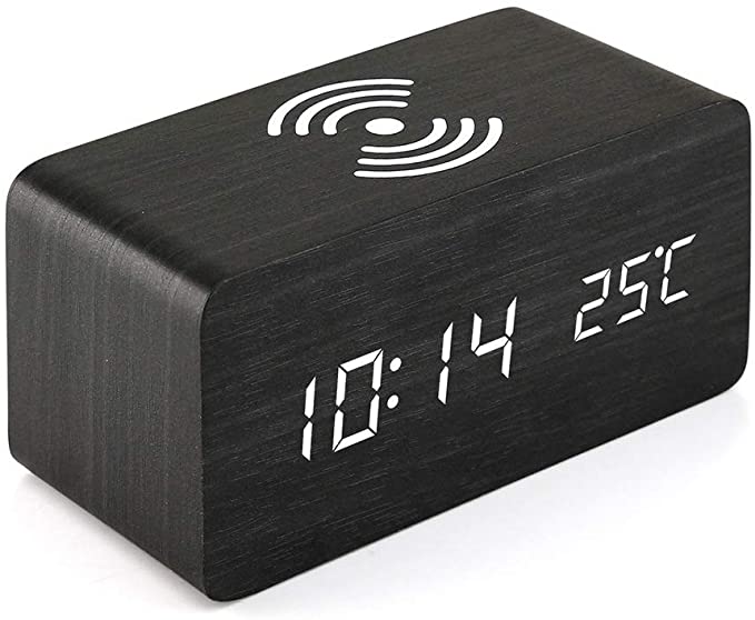 TOOGOO Wooden Alarm Clock with Qi Charging Pad Compatible with for Wood Led Digital Clock Sound Control Function, Time Date, Temperature Display for Office - Black