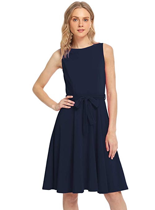 Pintage Women's Boat Neck Sleeveless A Line Dress with Belt