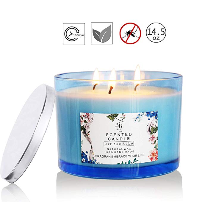 XYUT Citronella Candle Outdoor Indoor Aromatherapy Stress Relief Pure Soy Wax 3-Wick Scented Candles 80 Hour Burn Highly Scented Long Lasting (14.5 Ounce, Glass)