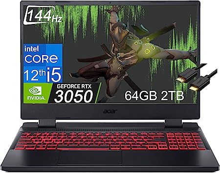 acer Nitro 5 17.3" FHD 144Hz (Intel 12th Gen Core i5-12500H, 64GB RAM, 2TB PCle SSD, GeForce RTX 3050 4GB), Backlit RGB Gaming Laptop, Killer WiFi 6, Type C, 3D Audio, IST Cable, Windows 11 Home