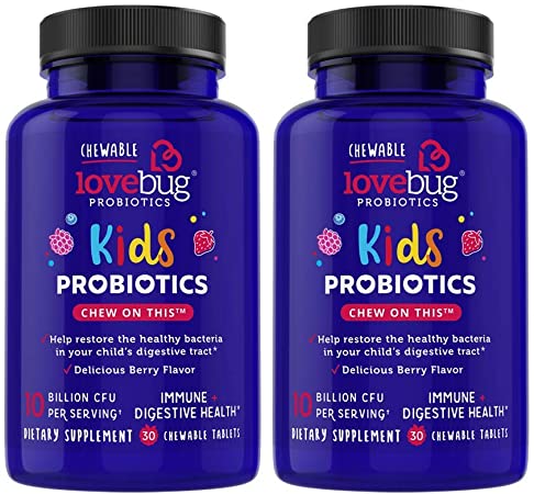 LoveBug Probiotics Kids Probiotic Chewable - Digestive   Immune Support Probiotic Supplement for Kids Ages 4 and Up - 30 Naturally Flavored Berry Chewable Tablets - Vegan, Non-GMO with Prebiotic (60)