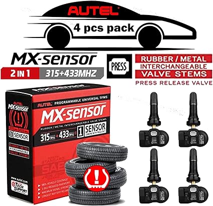 Autel TPMS Sensor MaxiTPMS Autel MX Sensor 4pcs Universal Tire Sensor Dual Frequency 315MHz/433MHz TPMS Sensor Rubber Stem Programmable by TS508 TS408 TS508WF TS608 MS906TS ITS600 MS906PRO-TS