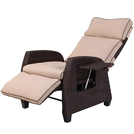 Grand patio Indoor & Outdoor Recliner with All-Weather Wicker, Beige Cushion and Integrated Side Table, Mocha Brown