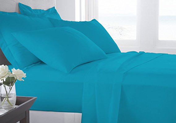 BED SHEET Set 6 Piece 1200 Thread Count (1 Flat Sheet 1 Fitted Sheet And 4 Pillowcases) ( 18" Pocket) 100% Egyptian Cotton Luxurious Bedsheets By Bed Alter (Turquoise Blue, Olympic Queen)