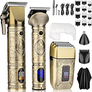 3 in 1 Cordless Hair Clippers for Men, Men's Grooming Kit, Cordless Beard Trimmer, Hair Clippers, Nose Hair Trimmer, Electric Razor for Men, Shaver with LED and 12 Guide Combs, Gold