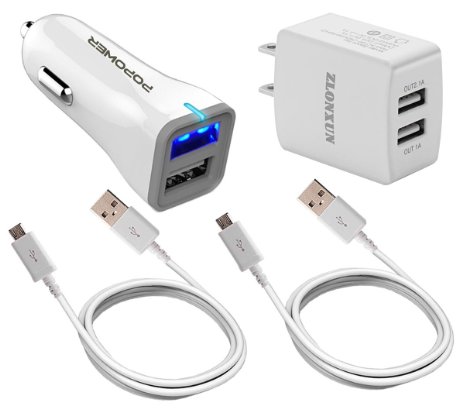 Travel Charger Set:2 Port USB Car Charger 2.4Amp And 2-Port USB Charger 2.1Amp and 2-Micro USB Cables for Samsung Galaxy S7 S4 S6 edge,Galaxy Note 4 Edge, Note 5, LG G3, HTC one M8,more(White)