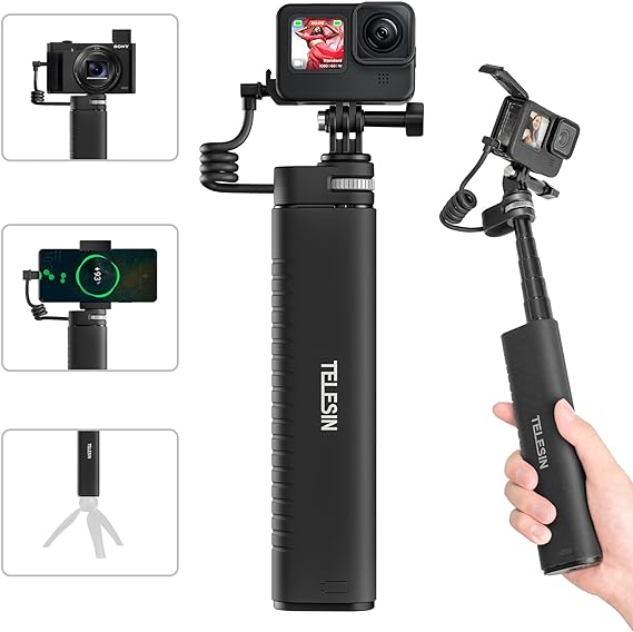 TELESIN Power Grip 35.4" Extension Selfie Stick Handler for Phone GoPro Mirrorless Camera, Waterproof Large Capacity Battery Charger Bank for Go Pro Hero 12 11 10 9 Insta360 DJI Action iPhone Android