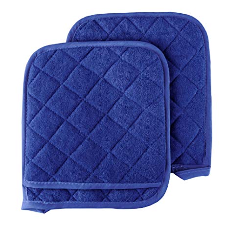 Pot Holder Set, 2 Piece Oversized Heat Resistant Quilted Cotton Pot Holders By Lavish Home (Blue)