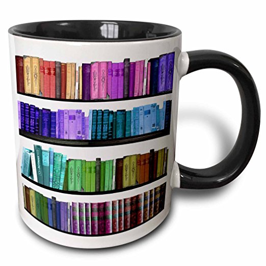 3dRose Colorful Bookshelf Books Rainbow Bookshelves Reading Book Geek Library Nerd Librarian Author Two Tone Black Mug, 11 oz, Black/White