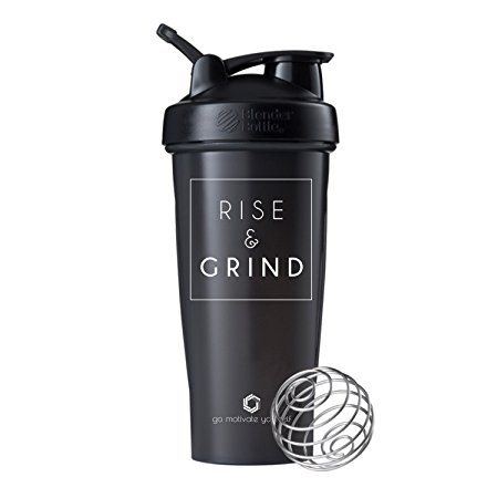 GOMOYO Rise & Grind on BlenderBottle brand Classic shaker cup, 20oz or 28oz, Includes BlenderBall whisk
