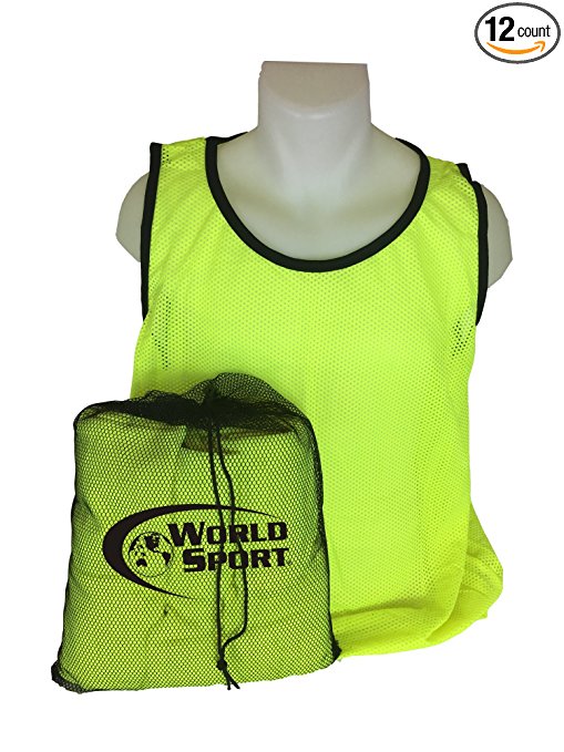 12 Pack Adult YELLOW Scrimmage Vests with Carry Bag by World Sport