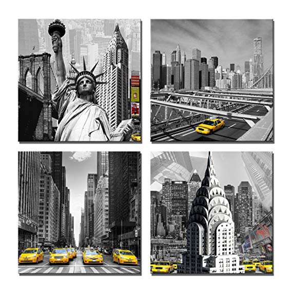 Yin Art 4-Panel Canvas Print Wall Art Set - New York City Historic Buildings Statue in Black and White - Yellow Taxis in Selective Color, 12x12 Inch