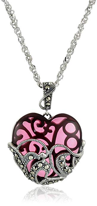 Sterling Silver Marcasite and Gemstone -Colored Glass Heart Pendant Necklace, 18"