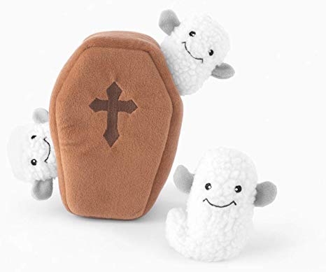 ZippyPaws - Halloween Burrow Interactive Squeaky Hide and Seek Plush Dog Toy - Coffin with Ghosts