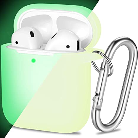 Maledan Compatible with Airpods Case 2 & 1, Luminescent Silicone Shockproof Protective Airpod Skin Cover, Waterproof [Front LED Visible] Support Wireless Charging with Carabiner, Nightglow Green